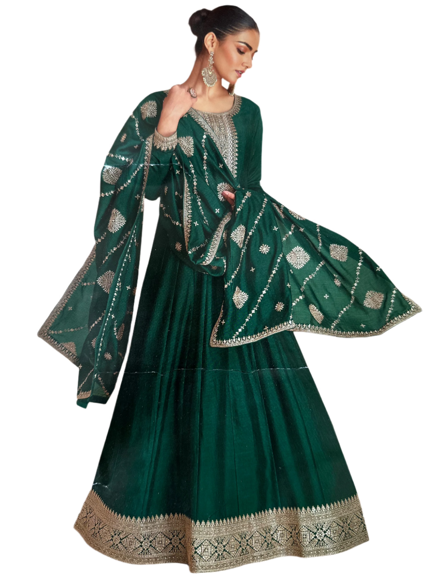 Chinnon Bottle Green Gown with Heavy Embroidery and Embroidered Dupatta