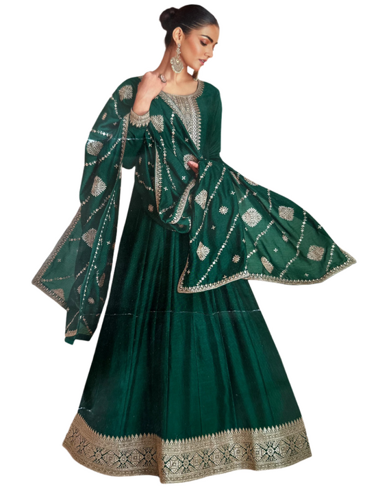 Chinnon Bottle Green Gown with Heavy Embroidery and Embroidered Dupatta