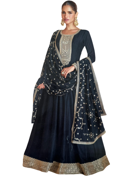 Chinnon Carbon Black Gown with Heavy Embroidery and Embroidered Dupatta