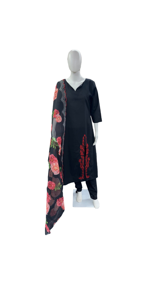 Cotton 3-Piece A-Line Top Embroidery Pocket - Black