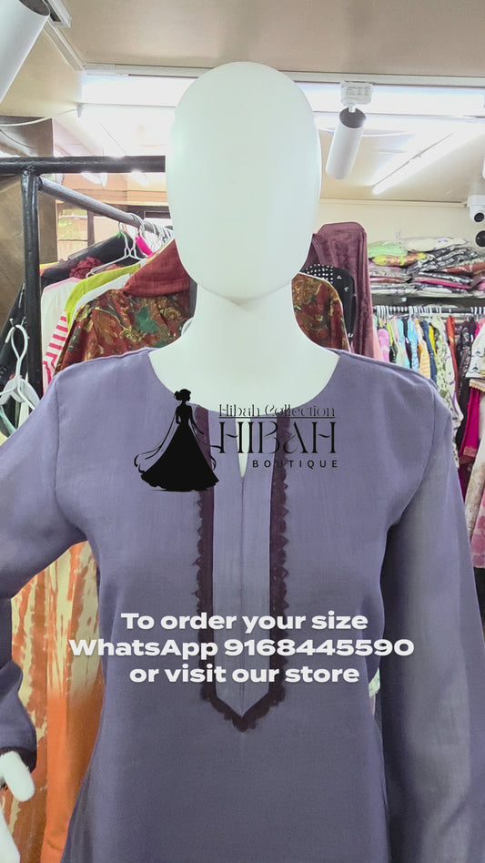 Linen Silk 2 Piece A-line Top with Lace & Designer Sleeves - Purple