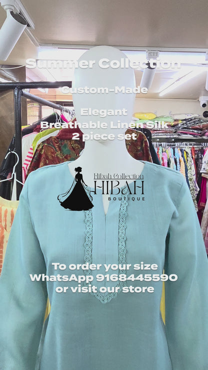 Linen Silk 2 Piece A-line Top with Lace & Designer Sleeves - Powder Blue