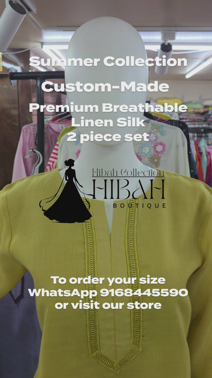 Linen Silk 2 Piece A-line Top with Lace & Designer Sleeves - Lime Green