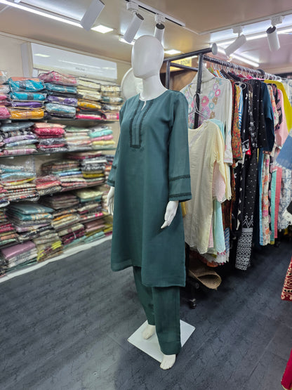 Linen Silk 2 Piece A-line Top with Lace & Designer Sleeves - Sea Green