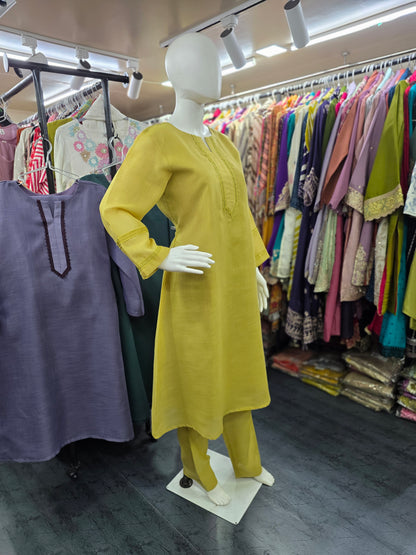 Linen Silk 2 Piece A-line Top with Lace & Designer Sleeves - Lime Green