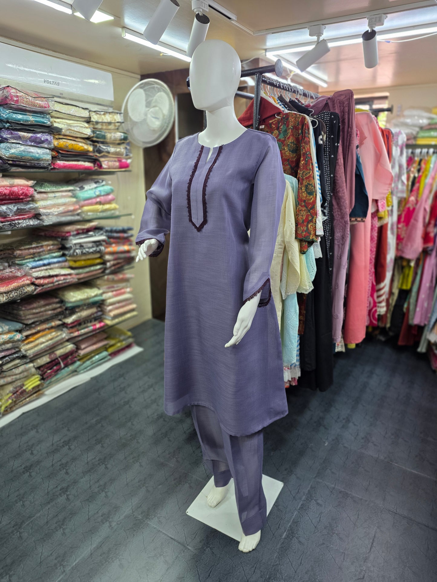 Linen Silk 2 Piece A-line Top with Lace & Designer Sleeves - Purple