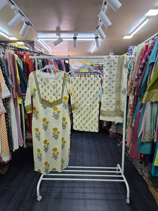 Cotton 3 Piece Palazzo Set Ivory Floral Mustard