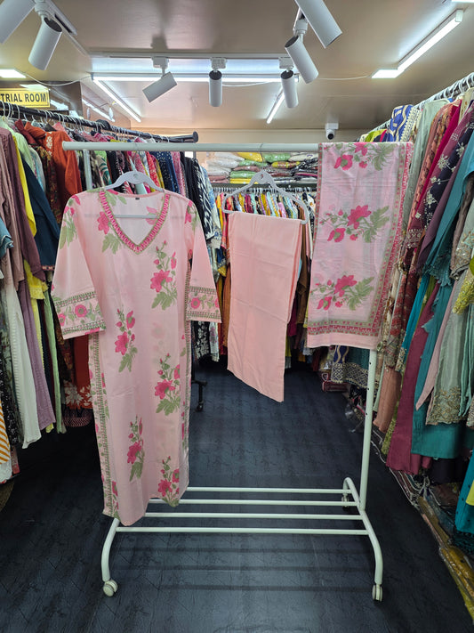 Cotton 3 Piece Palazzo Set Floral Baby Pink