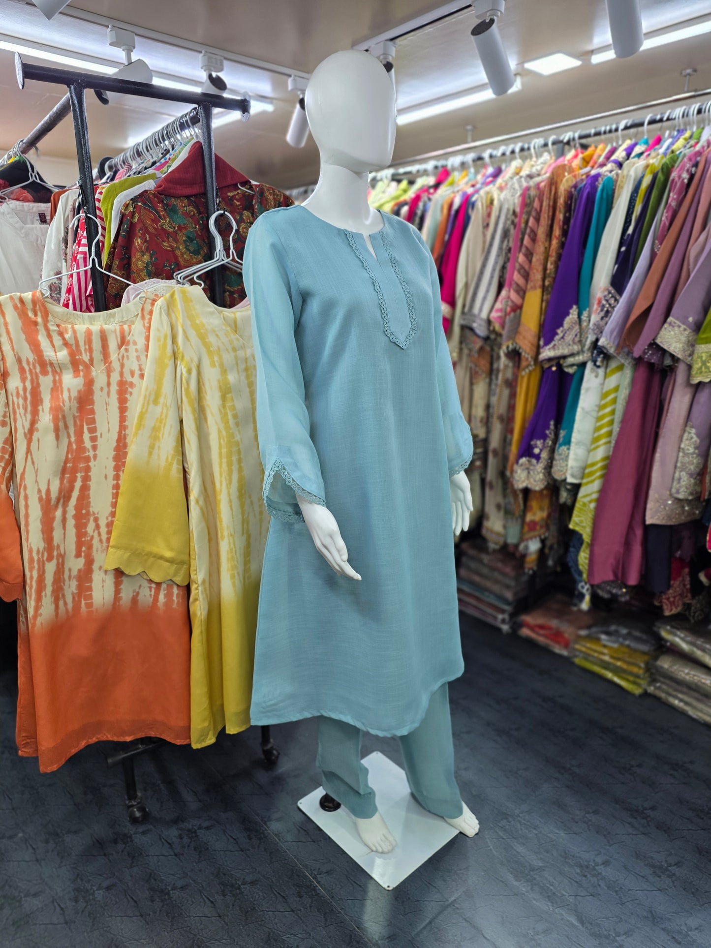 Linen Silk 2 Piece A-line Top with Lace & Designer Sleeves - Powder Blue