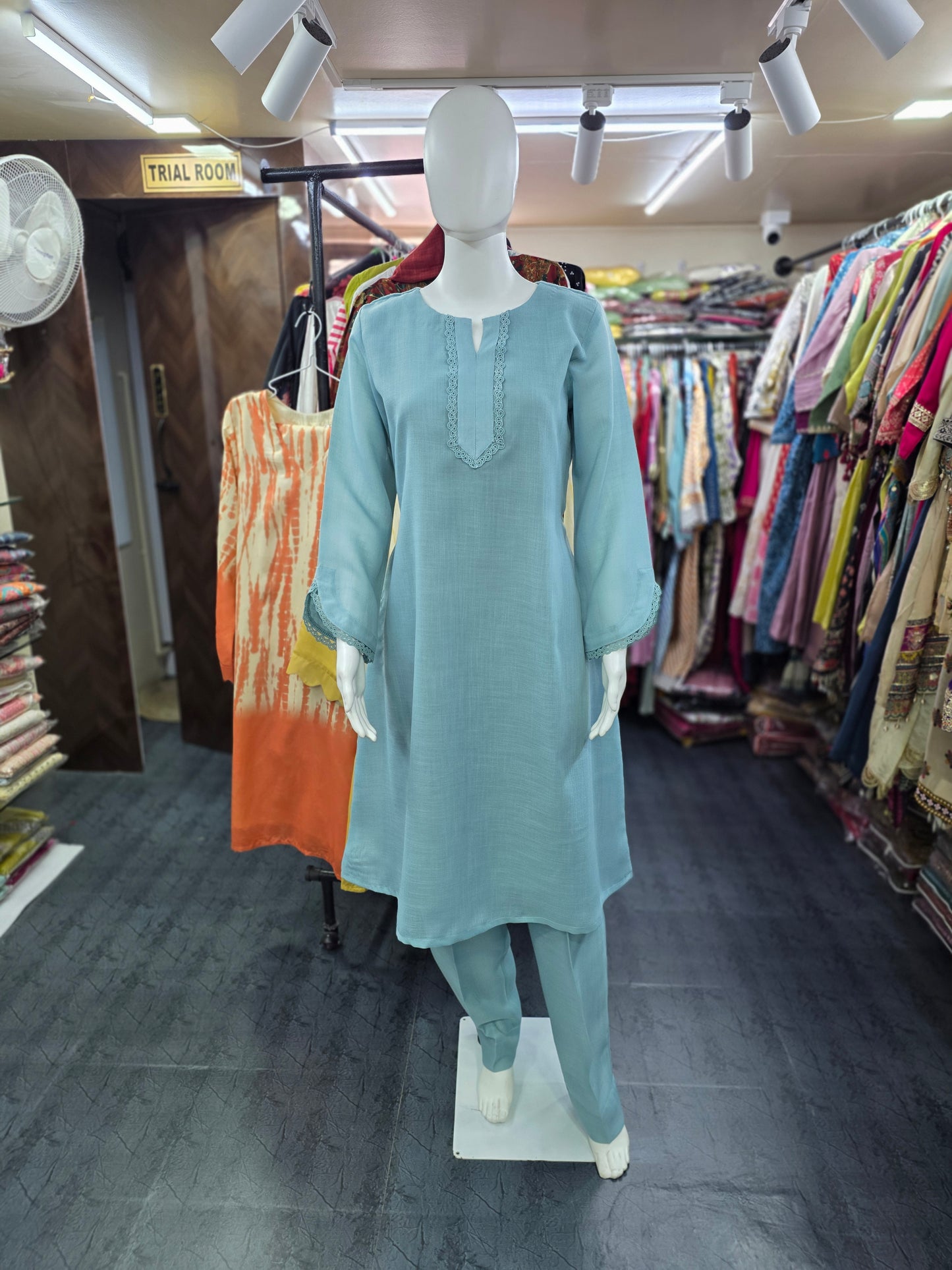 Linen Silk 2 Piece A-line Top with Lace & Designer Sleeves - Powder Blue