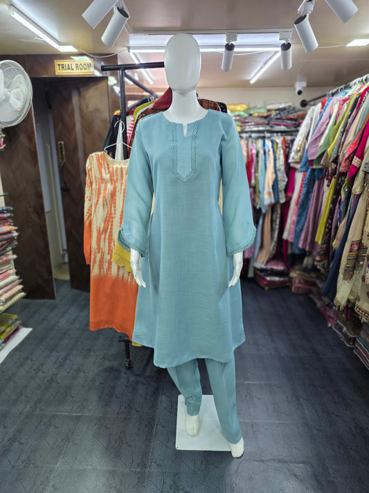 Linen Silk 2 Piece A-line Top with Lace & Designer Sleeves - Powder Blue
