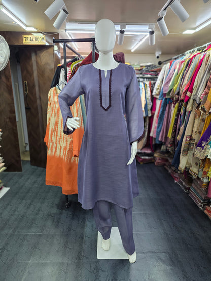 Linen Silk 2 Piece A-line Top with Lace & Designer Sleeves - Purple