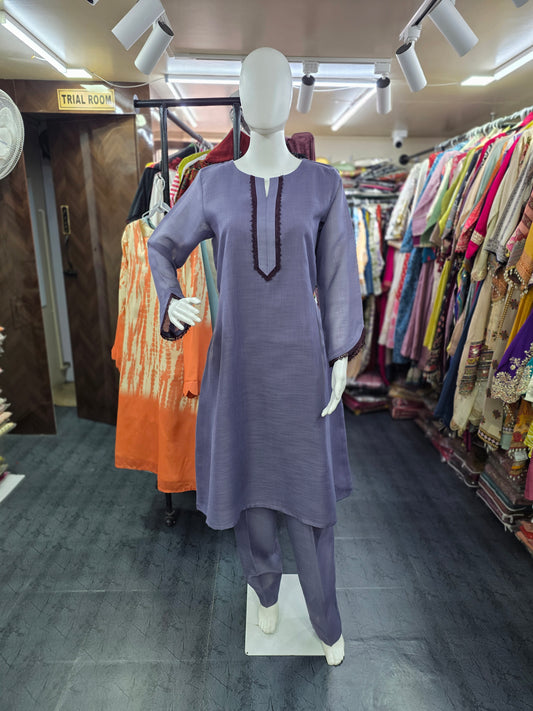 Linen Silk 2 Piece A-line Top with Lace & Designer Sleeves - Purple