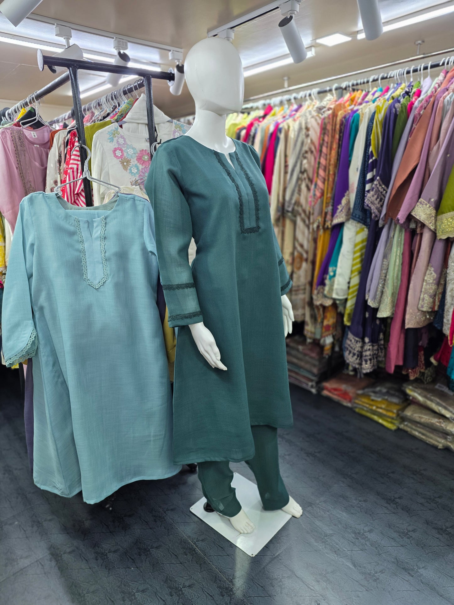 Linen Silk 2 Piece A-line Top with Lace & Designer Sleeves - Sea Green