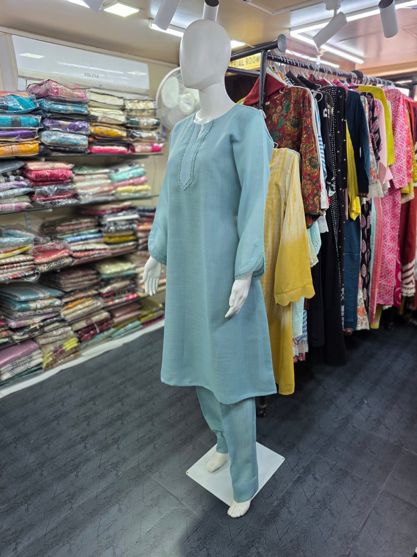 Linen Silk 2 Piece A-line Top with Lace & Designer Sleeves - Powder Blue