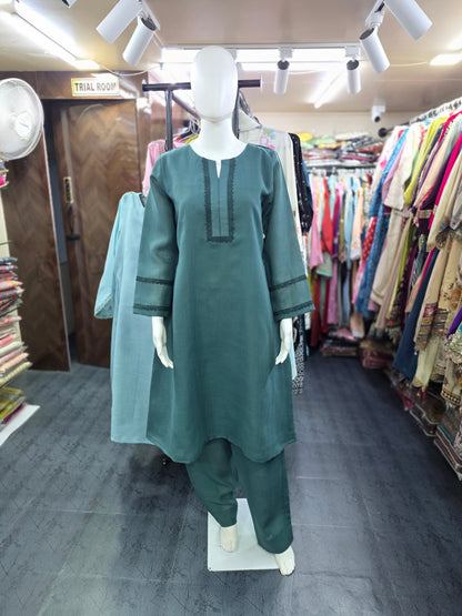 Linen Silk 2 Piece A-line Top with Lace & Designer Sleeves - Sea Green