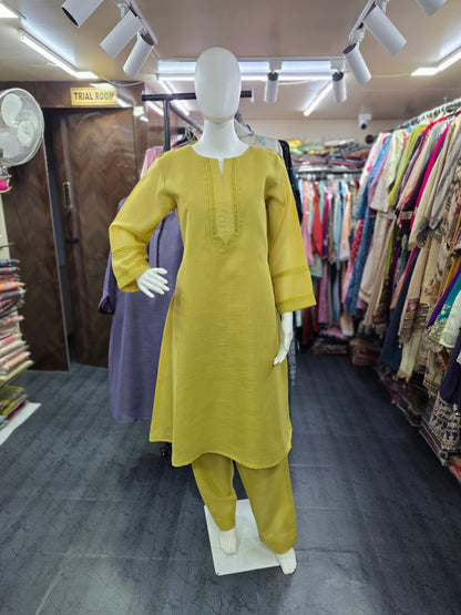 Linen Silk 2 Piece A-line Top with Lace & Designer Sleeves - Lime Green