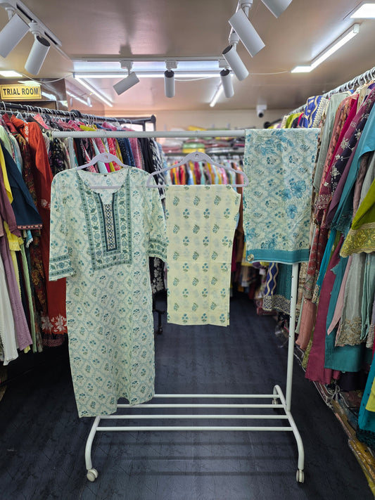 Cotton 3 Piece Palazzo Set Ivory Floral Green