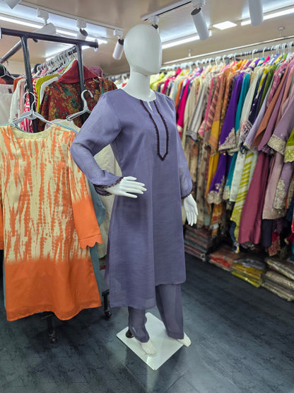 Linen Silk 2 Piece A-line Top with Lace & Designer Sleeves - Purple